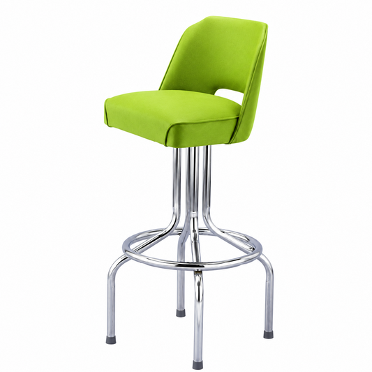 A modern swivel bar stool with a bright lime green upholstered seat and backrest, supported by a chrome metal pedestal base with a footrest.