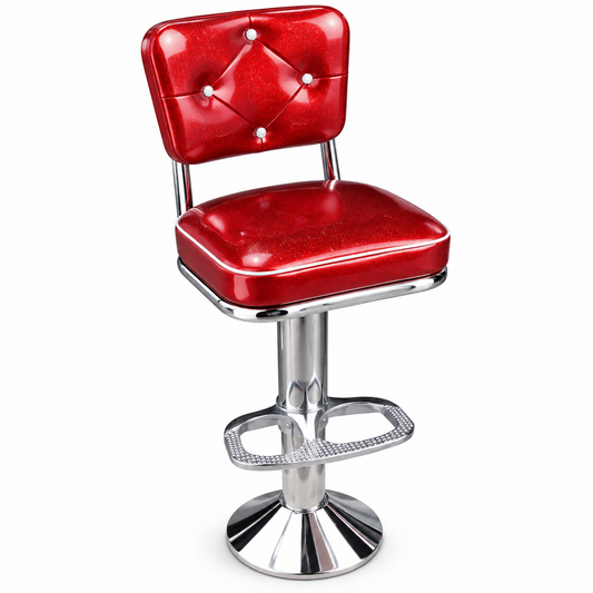 A retro-style bar stool with a glossy red tufted vinyl seat and backrest, supported by a chrome metal pedestal base with a footrest.